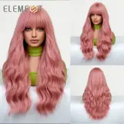ELEMENT Red Pink Long Curly Wigs Synthetic Wavy Wig with Bangs