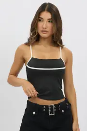 Black Singlet Top Contrast Piping - Size 16XL, Women's Singlet