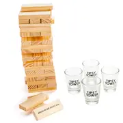 MDI Wooden Tipsy Tower w/ Shot Glasses Stacking Blocks Drinking Game Brown