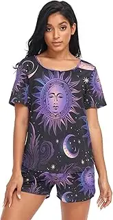 [RPLIFE] Sun Moon Black Pajamas for Women Set Shorts, Matching Sets for Women Loungewear, Sun Moon Black, Medium