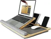 CARLA HOME Bamboo Laptop Lap Desk with Cushion, Angle Adjustable Laptop Computer Stand Bed Desk, Portable Lap Desk w/Handles, Tablet & Phone Holder, Mouse Pad & Shields Heat (Grey)