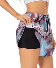 [GaxfjRu] Tempting Cherry Blossoms Print Women's Running Shorts High Waisted Running Shorts Pocket Sporty Gym Elastic Short