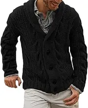 [JEShifangjiusu] Men Knitted Cardigan Sweater Button Cardigan Shawl Collar Sweater Casual Jersey Ribbed Jacket Coat, Black, S