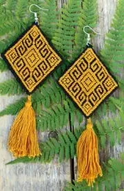 Big Mayan Earrings Hand woven Gold & Black Backstrap Loom Chiapas Mexico Boho