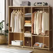 Oikiture Open Wardrobe Clothes Organiser Stand Bamboo Garment Clothes Rack with Hanging Rails and Rack Shelving