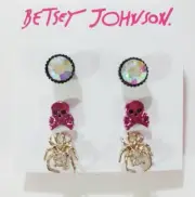 $28 Betsey Johnson Set Of 3 Earrings Spider Skull & Crossbones Rhinestone JB121