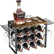 GRNupld Wine Rack with Glass Holder, Metal Wine Racks Countertop with Wood Board, Wine Storage Organiser for Kitchen, Bar, Table, Cabinet, Dining Room