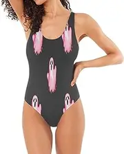 [RPLIFE] Pink Ghosts Black Bathing Suits, Low Back One-Piece Swimsuit Petite Bathing Suits