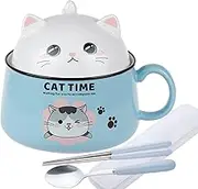 ZIGONO Ramen Bowl with Lid, Cute Cat Instant Noodle Bowl, 34.5 OZ Cooker Chopsticks and Spoon, Soup Salad Cereal Pasta Bowls, Dessert Bowls Handle (Blue)