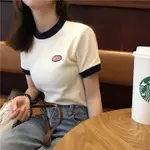 撞色小短版圓領短袖T恤 韓系新款百搭女裝上衣