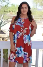 New PLUS SIZE Womens RUST FLORAL COLD SHOULDER MAUI DRESS TUNIC 1X 2X USA