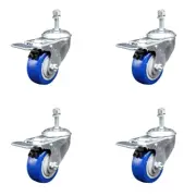 3 Inch SS Blue Polyurethane 10mm Threaded Stem Caster Set Total Lock Brake