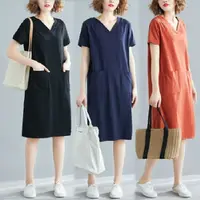 在飛比找樂天市場購物網優惠-韓系簡約顯瘦口袋連身裙 棉質感舒適連身洋裝 純色V領顯瘦短袖