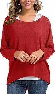 [UGET] Women's Casual Oversized Baggy Off-Shoulder Shirts Batwing Sleeve Pullover Shirts Tops (US 14-16/Asia XL Red)