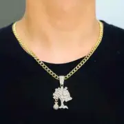 Gold Plated Money Tree Iced Cubic Zirconia Pendant & Brass Cuban Chain Necklace