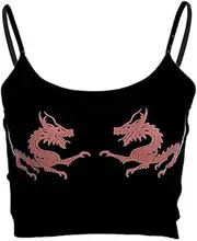 [malianna] Women Chinese Dragon Snake Printed Cropped Sexy Black Backless Strap Crop Tops