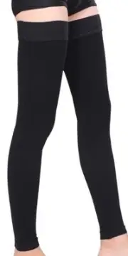 FOOTLESS-THIGH HIGH STAY-UP-STOCKINGS Sz A-D Black Opaque Grey Top & Bottom Trim