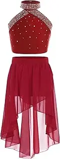 [Linjinx] Kids Girls Ballet Lyrical Dress 2 Piece Dance Set Shiny Halter Neck Crop Top with Flowy High-Low Dance Skirt