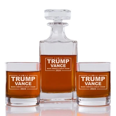 Trump-Vance Engraved Whiskey Decanter Rocks Glasses 3 Piece Set