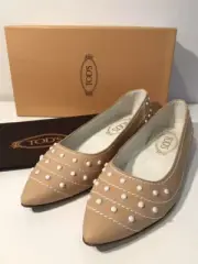 Authentic TOD’S NIB Pointy Ballerina Leather Flat Shoes Size 37 Studded White