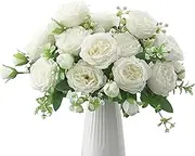 3 Bunches Artificial Flower Fake Peony Silk Flowers Rose Bouquet Plastic White Bulk Flowers for Home Wedding Bride Bouquet Decor(White)