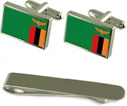 [Select Gifts] Zambia Flag Silver Cufflinks Tie Clip Box Gift Set