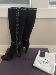 New Authentic PRADA Black Suede Knee High Boots 39 In Box With Dust Bag