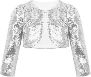 [Lejafay] Girls Sequin Cropped Jacket Top Kids Long Sleeve Bolero Shrug Cardigan Fall Spring Short Coat