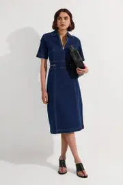 Stretch Denim Snaffle Trim Collared Midi Dress