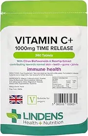 Vitamin C+ 1000mg – 360 Tablets – One-a-Day Time-Release Tablets with Citrus Bioflavonoids and Rosehip – Immune System Health – UK Manufacturer, Letterbox Friendly