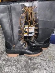 NIB Charming B778 Black Patent Faux Leather Gold Accents Rain Boots 8 1/2 AA127