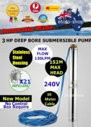 3HP 4" S/Steel Submersible Bore Water Pump + 30M Power Cable