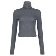 Long Sleeve Mock Neck Plain Slim-Fit Top Gray - M