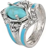 [Generic] 3 PCS Ring Set Natural Turquoise Diamond Rings for Women Turquoise Silver Color Rings Finger Ring Bohemian Joint Knuckle Rings Jewelry Sparkling Natural Gemstone Jewelry