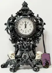 New! Black & Metallic Silver VICTORIAN Design SKULL Head Mantle CLOCK 12.5" x 9"