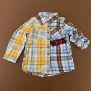 NYC Girls 6X Blue Yellow Plaid Flannel Long Roll Tab Sleeve Button Front Top NWT