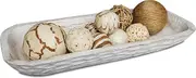 Wooden Dough Bowl, Antique Reddish Vintage, Large Long Centerpiece Bowl, 9 x 8 x 3 inches. (Rustic White Combo)