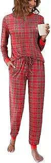 [Ekouaer] Pajamas Sets for Women's Long Sleeve with Plaid Pants Soft Loungewear Round Neck 2 Piece Autumn Winter Pjs Ladies Sleep Wear with Pockets