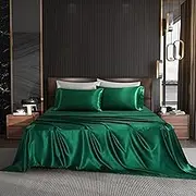 NA HommxJF 3PCS Blackish Green Satin Sheets Twin Size Set Silky Sheets Bedding Sets & Pillowcases with 1 Flat Sheet+1 Deep Pocket Fitted Sheet+1 Pillowcase