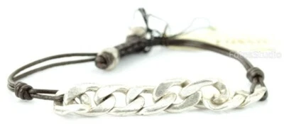 NEW-FOSSIL AGED SILVER CURB CHAIN,DARK BROWN LEATHER CORD BRACELET-JA3762040