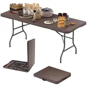 Costway Outdoor Portable Folding Picnic Table Patio Wood Dining Table w/Carrying Handle & Safe Lock Brown