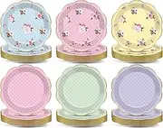48 Pcs Floral Paper Plates Tea Party Decorations Flowers Party Tableware Set Vintage Garden Party Supplies for Birthday Baby Shower Wedding Bridal Shower Disposable Talking Dinnerware Favors