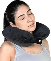 FOVERA Comfortable Memory Foam Travel Neck Pillow for Healthy Neck Support While Resting - Perfect for Flight, Car, Train, and Bus - Premium Velvet Cover and Adjustable Cord (Black)