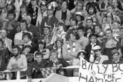 West Ham United fans holding up flags and blowing bubbles as th- 1980 Old Photo