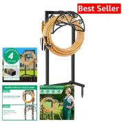 Heavy Duty Metal Garden Hose Holder with Tool Hooks - Freestanding Black Design