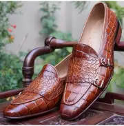 Handmade Men Tan Brown Alligator Texture Leather Double Monk Moccasin Shoes