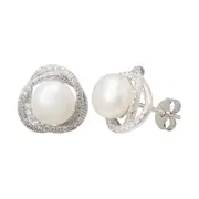 Bevilles Freshwater Pearl & Cubic Zirconia Halo Swirl Earrings in Sterling Silver Stud