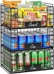 3 Pack XXL Stackable Wire Baskets with Handles for Pantry Storage and Organizati