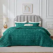 BEDELITE Velvet Quilt Set Queen Size - Lightweight Luxury Quilted Bedding Set,Soft Cozy Emerald Green Comforter Set,3 Pieces Oversized Bedspread Coverlet for All Seasons with 2 Pillow Shams