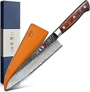Kanngou Damascus Chef Knife 21 cm Japanese Knife, VG-10 Steel Core Kitchen Knife Black Forged Gyuto Knife with Red Sandalwood Handle Leather Sheath, Premium Gift Box for Dad Husband